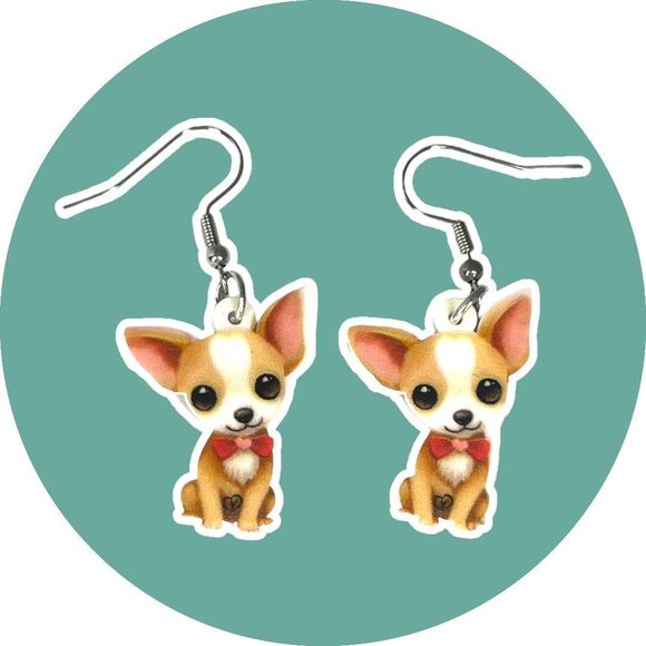 Cute Cartoon Chihuahua Dog Earrings. Acrylic Double-Sided Print Earrings - Picture 1 of 5